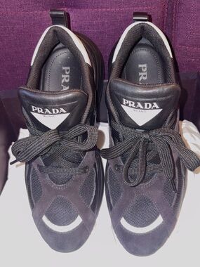 Prada Black and White Lace-Up Suede & Mesh Sneakers